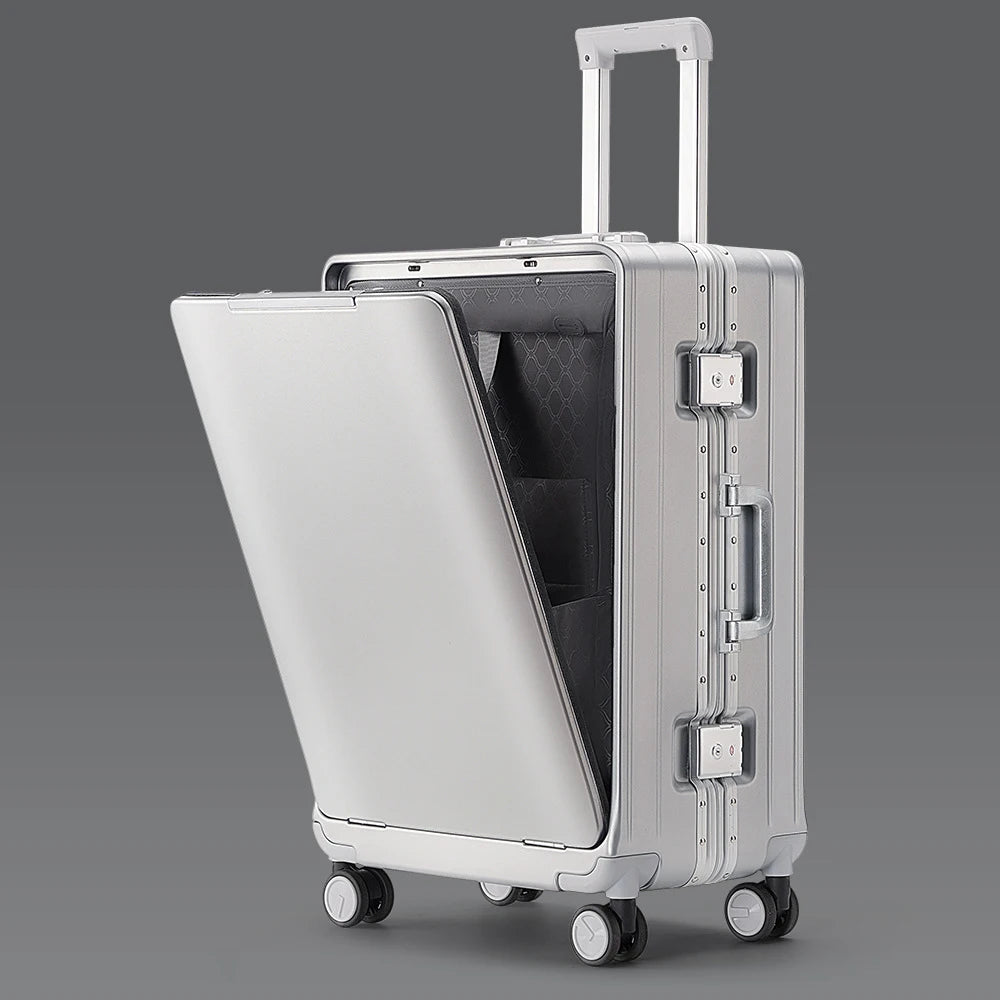 KLQDZMS Front Opening Compartment Multifunctional Aluminum Frame Luggage 20/24/26 Inch  Large Capacity Password Travel Suitcase