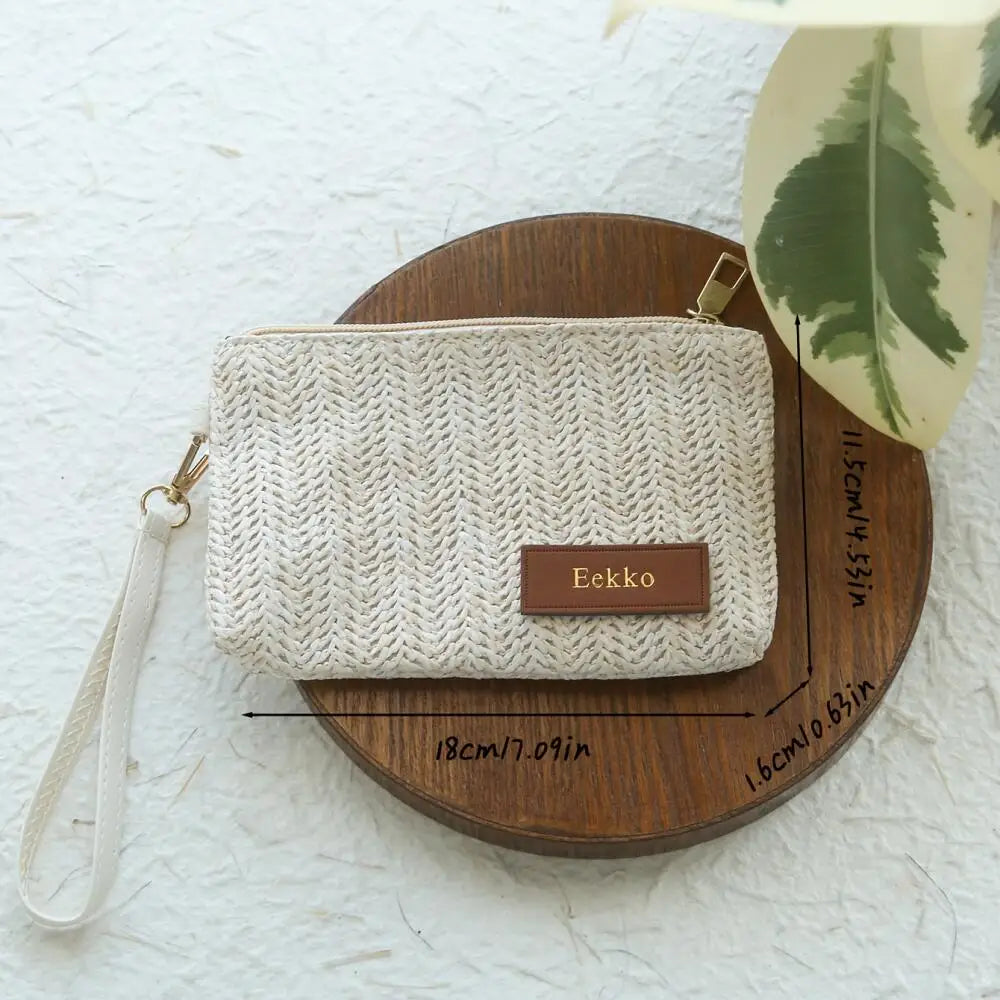 Custom Embossed Name Leather Label Straw Wristlet Clutch Bag Handmade Woven Raffia Cosmetic Makeup Pouch Beach Travel Storage