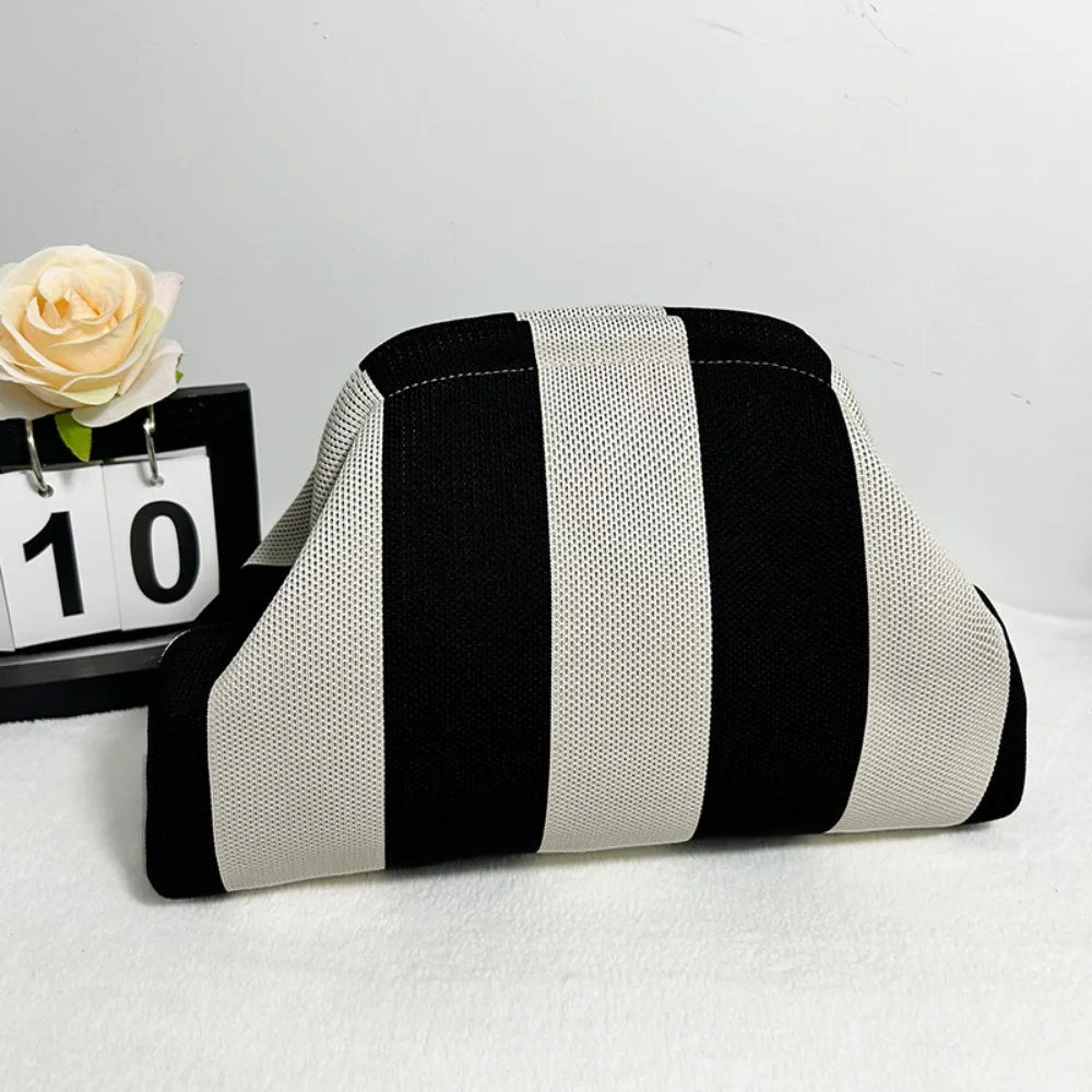 Knitted striped handbag dinner work beach large capacity daily versatile color contrast commuter clip bag women