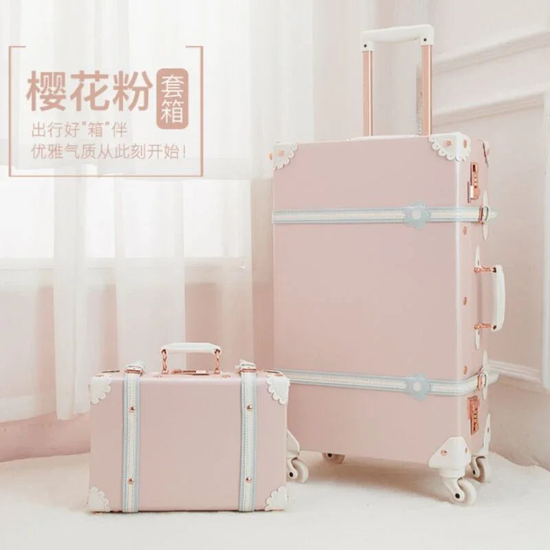 20 "22" 24 "26  Retro Travel Suitcase PU Leather Luggage Set With Wheels Rolling Trolley Case Pink Big Capacity Portable Valise