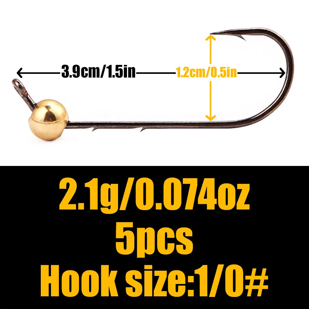 B&U 5pcs Micro Jig Head Fishing Hooks Set 0.5g-4g Copper Head Mini Crank Jig Fishhook for Soft Worm Lure Fishing Accessories