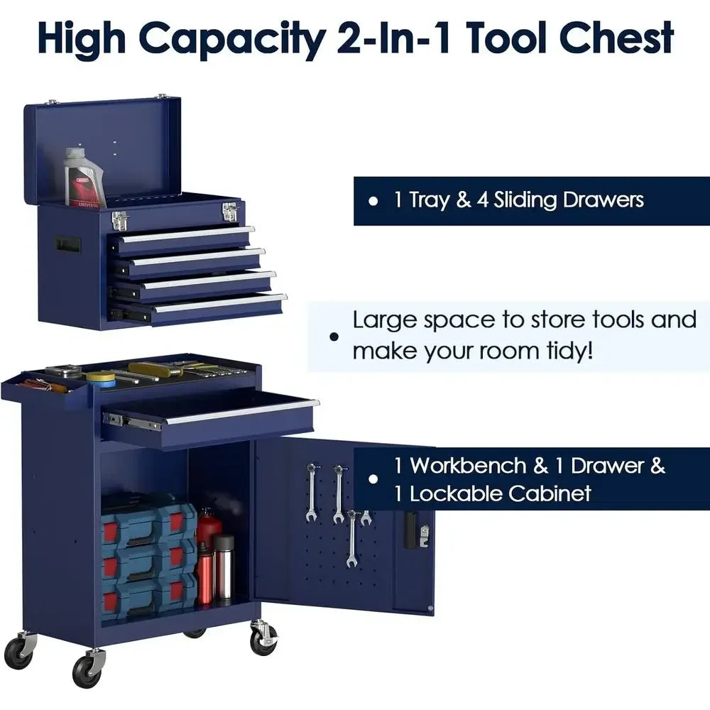 Portable 5-Drawer Metal Tool Chest with Wheels, Lockable Storage Cabinet for Workshop and Garage (Blue)