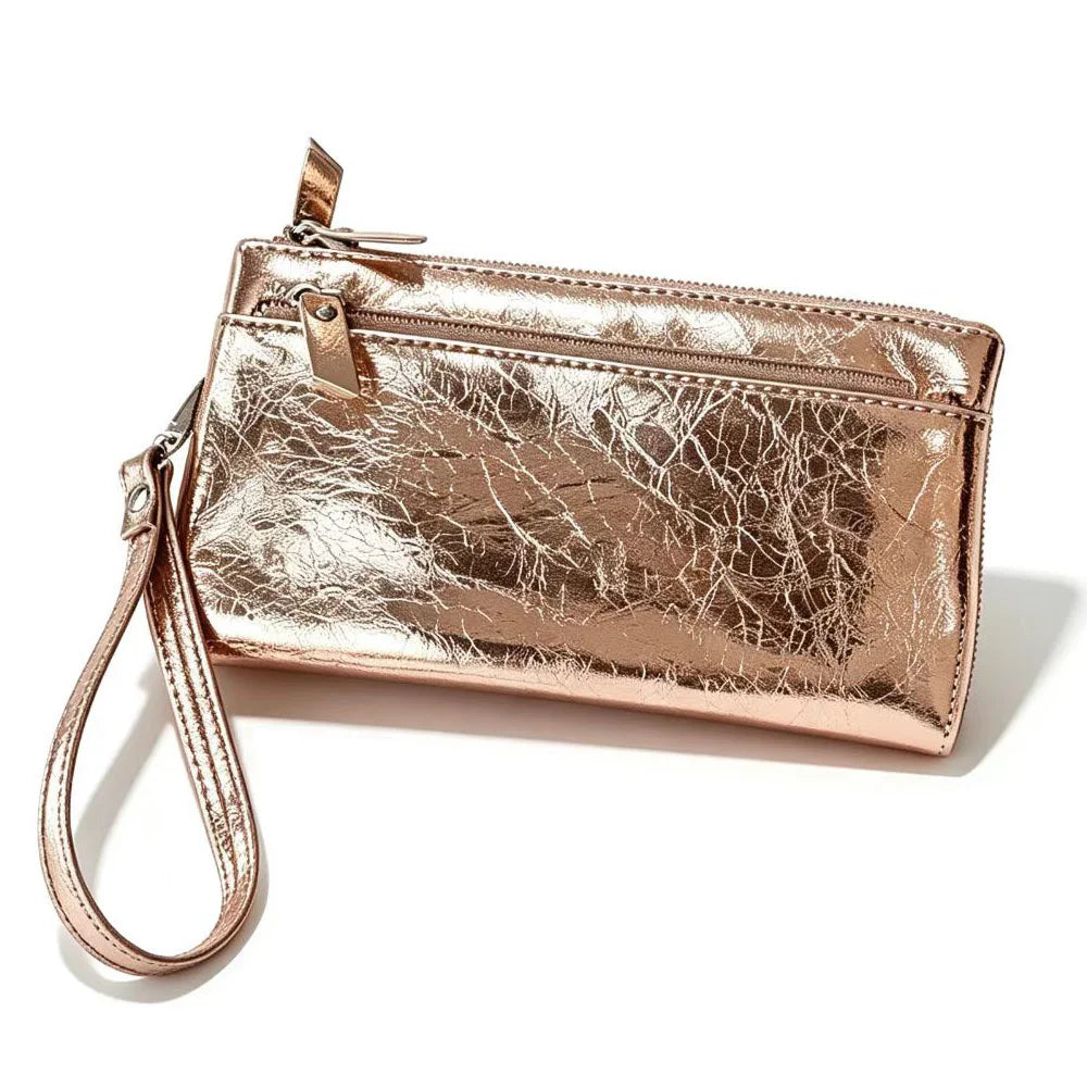 Women Genuine Leather Clutch Purse 3 Zipper Pockets Wrist Strap Wallet 2026 New Cow Leather Phone Pouch