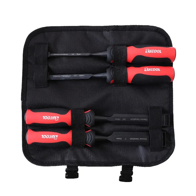 Wood Chisel Set Chrome Vanadium Steel Sharp Carving Bevel Edge Soft Grip for Woodworking Carving with Roll Bag 4pcs