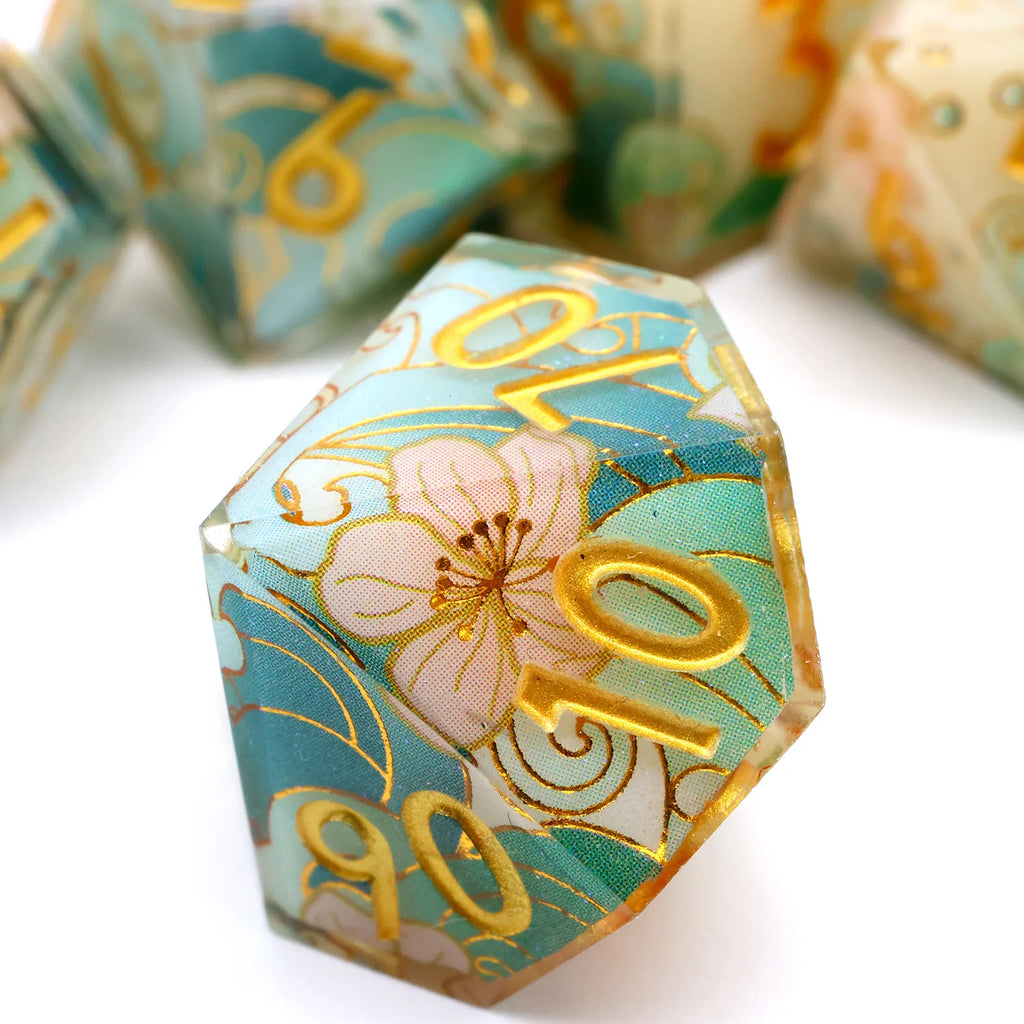 Enchanting DND Dice Set with Ocean Wave & Peach Blossom Designs-Perfect for Board Game,RPG & Tabletop Gaming Adventures-F2