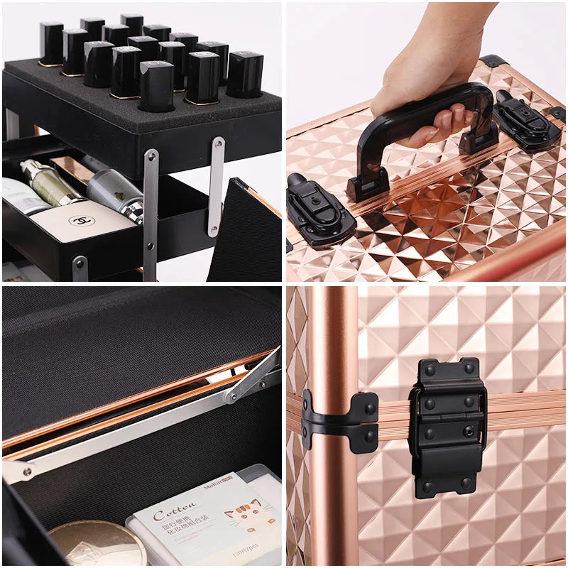 Professional Manicure Suitcases Travel Multilayer Large Capacity Makeup Valises Aluminium Luggage Trolley Tool Box Customized