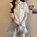 Summer Plus Size Women's New Arrival Color-Block College Style Loose Slimming Hiding Flesh Collar Short Sleeve T-Shirt