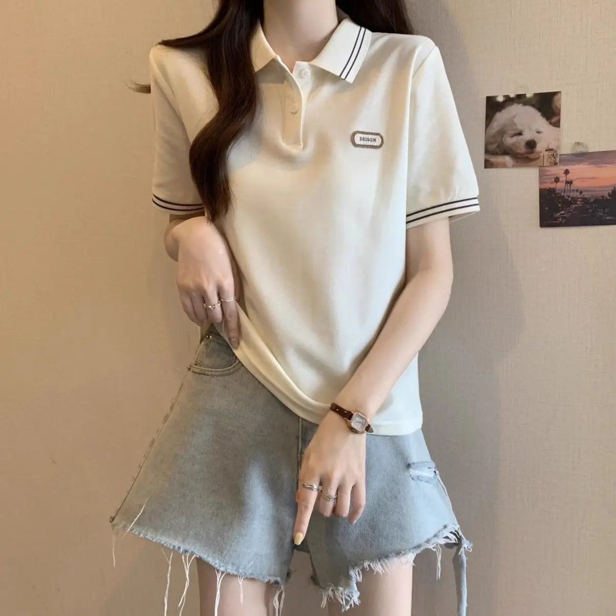 Summer Plus Size Women's New Arrival Color-Block College Style Loose Slimming Hiding Flesh Collar Short Sleeve T-Shirt
