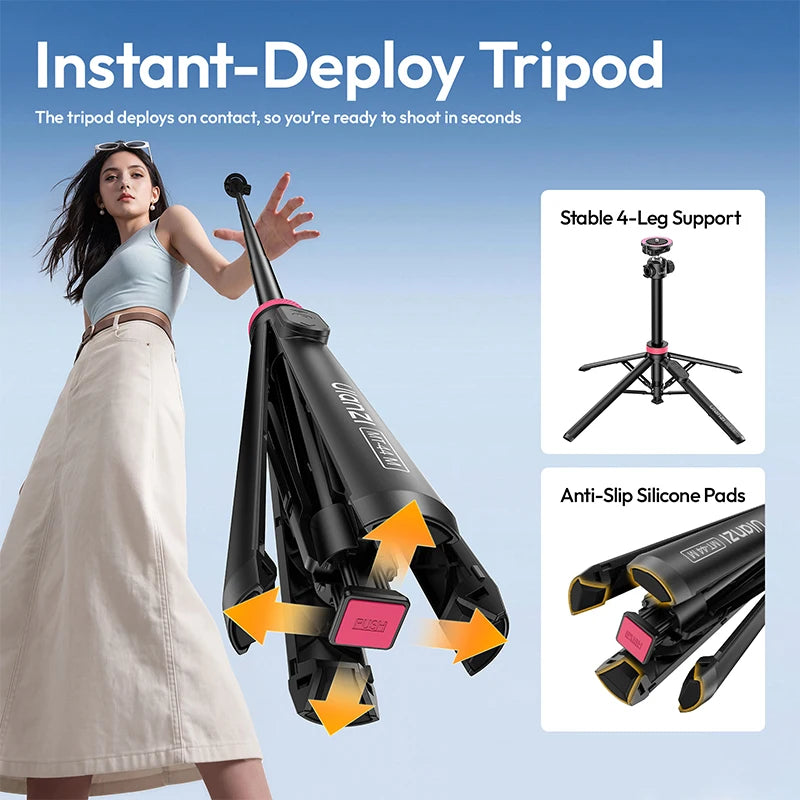 Ulanzi MT-44 M Selfie Stick Ground Tripod 1/4''&Magnetic Selfie Stick for Smartphone Camera One-Touch Auto Deploy for Travel
