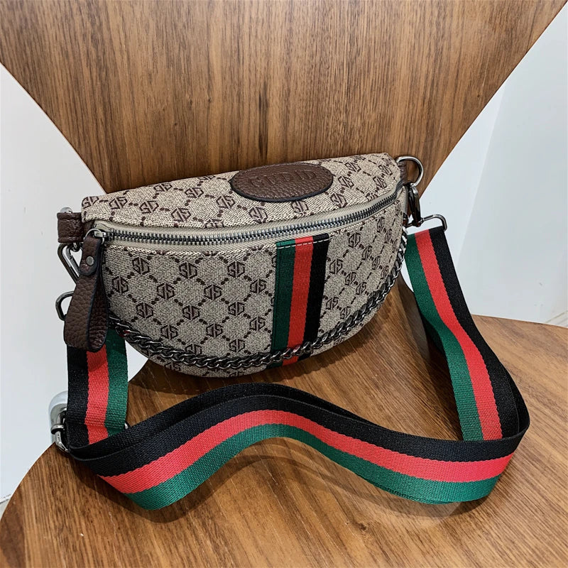 Classic Geometric Pattern Fashion Crossbody Bag Lightweight Zipper PU Adjustable Striped Strap Waist Bag for Commute