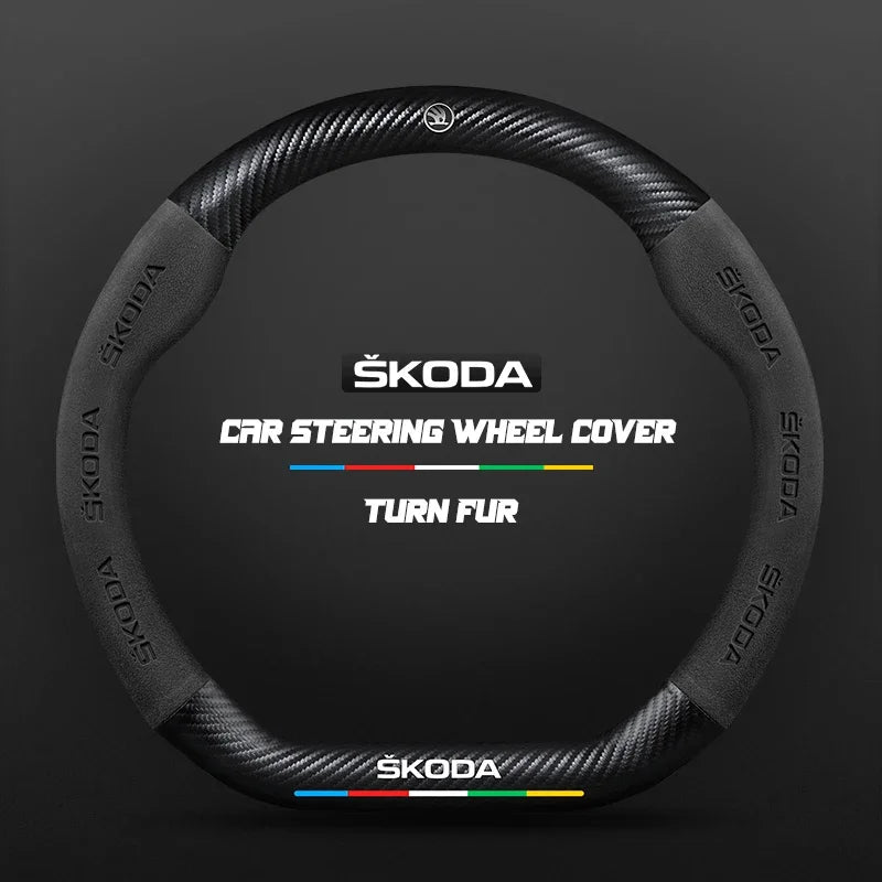 38CM suitable for Skoda Octavia Rapid Kodiaq Kamiq KAROQ carbon fiber suede car steering wheel cover accessories