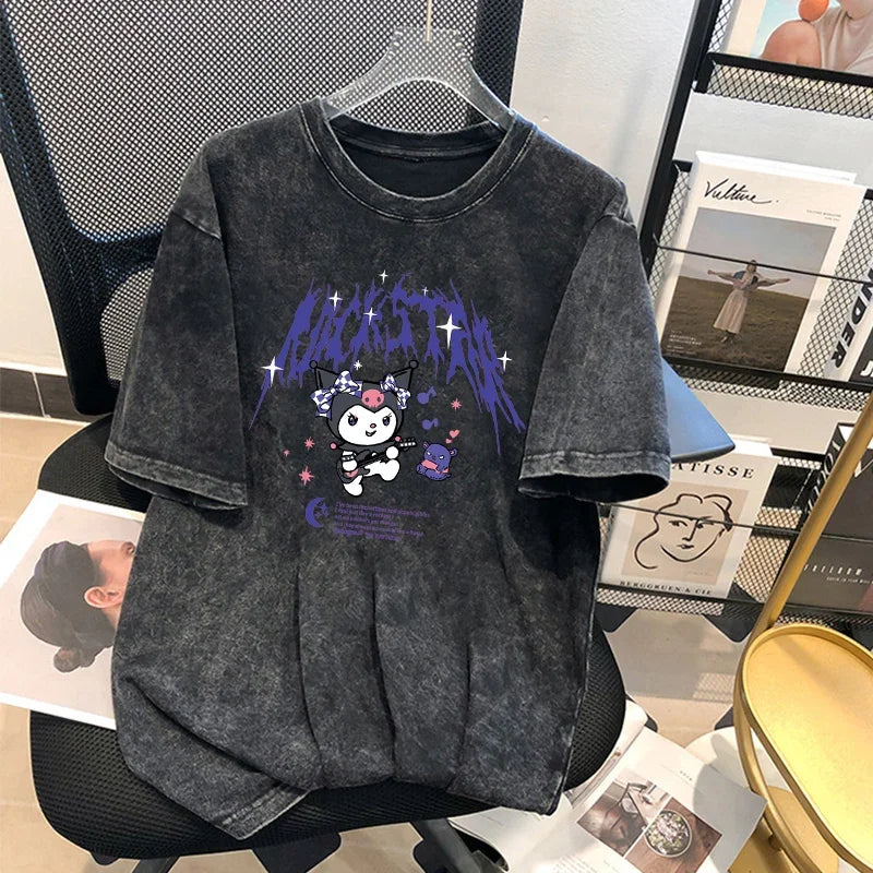 Kuromi Summer New T-Shirt Men and Women American Retro Washed Cotton Loose Distressed Short-Sleeved T-Shirt Tops Cartoon Print