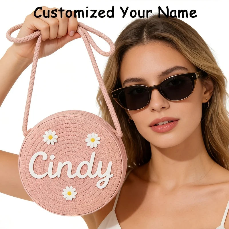 Personalized Name Daisy Straw Crossbody Bag Women Round Woven Shoulder Bag Summer Beach Handbag Gift