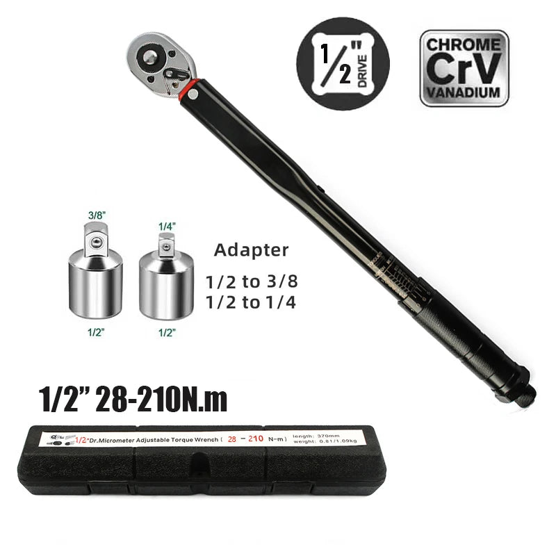 10-210/28-210N.m Torque Wrench 1/2” Precise Reversible Ratchet Torques Key Professional Bicycle Motorcycle Car Automotive Tool