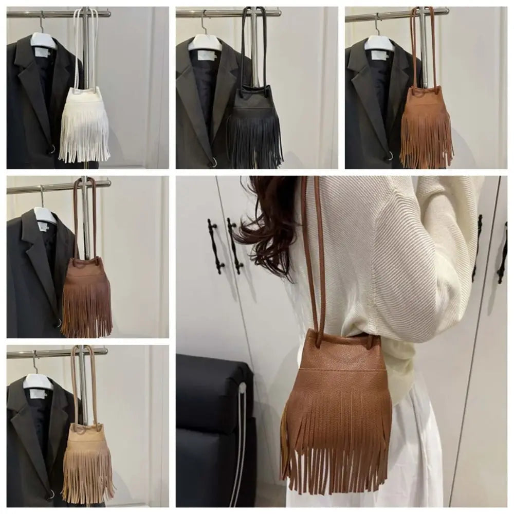Elegant Tassels Bucket Bag Large Capacity Retro Drawstring PU Bag Khaki Magnetic Button Texture Shoulder Pouch Vacation