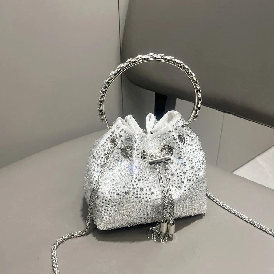 New Tassel Women's Shoulder Bags Metal Ring Diamond Bucket Bag Shiny Drawstring Handbag Tote Chain Crossbody Bags Evening Clutch