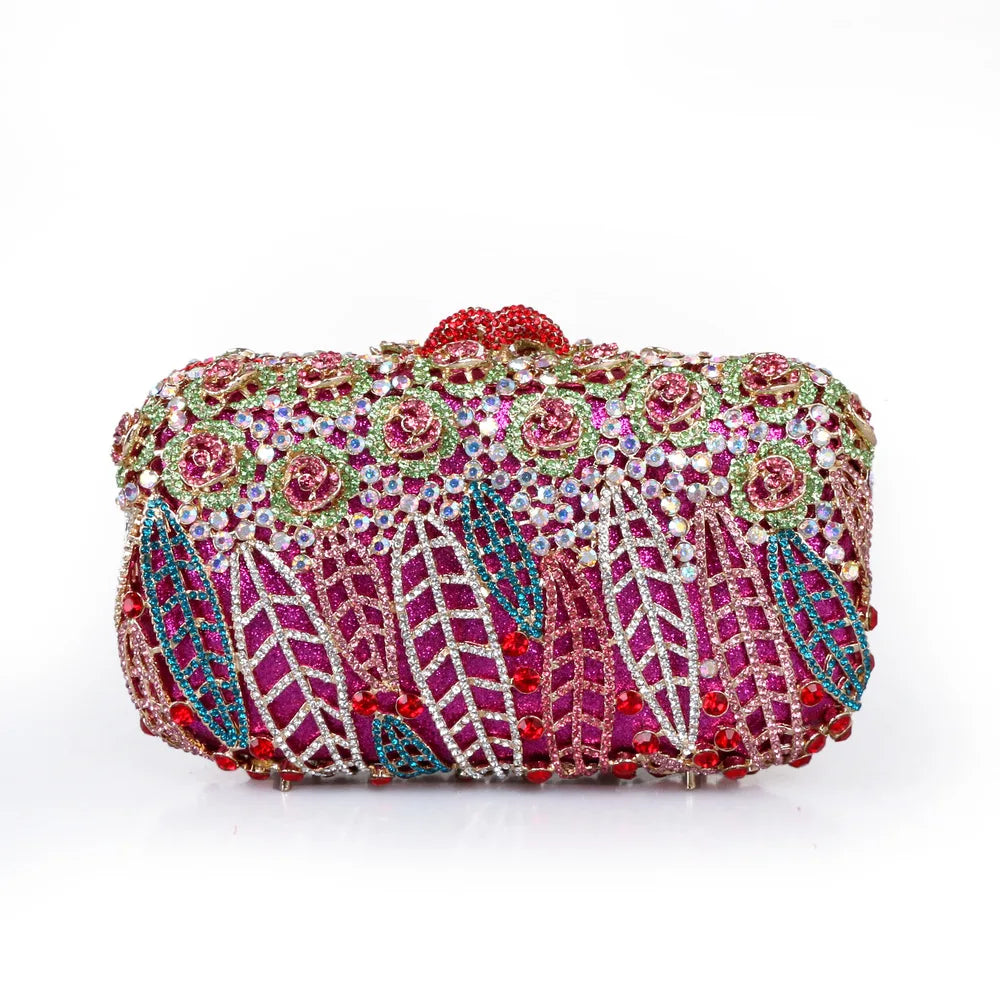 Full Stones Flower Party Box Clutch Purple/green Crystal Evening Bag Wedding Bridal Minaudiere Handbags Chain Women Bag