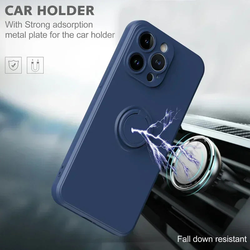 Liquid Silicone Case For iPhone 16 16e 15 13 Mini 14 12 11 Pro Max Plus Phone Holder Ring Stand Protect Cover With Wrist Strap