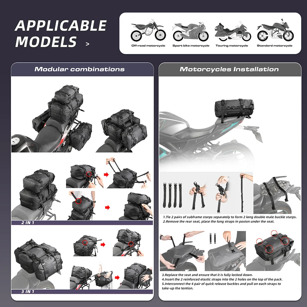 Rhinowalk Motorcycle Backpack Waterproof Bag 8L 15L 30L Motorbike Tail Bag Universal Outdoor Pannier Saddle Bag Accessories