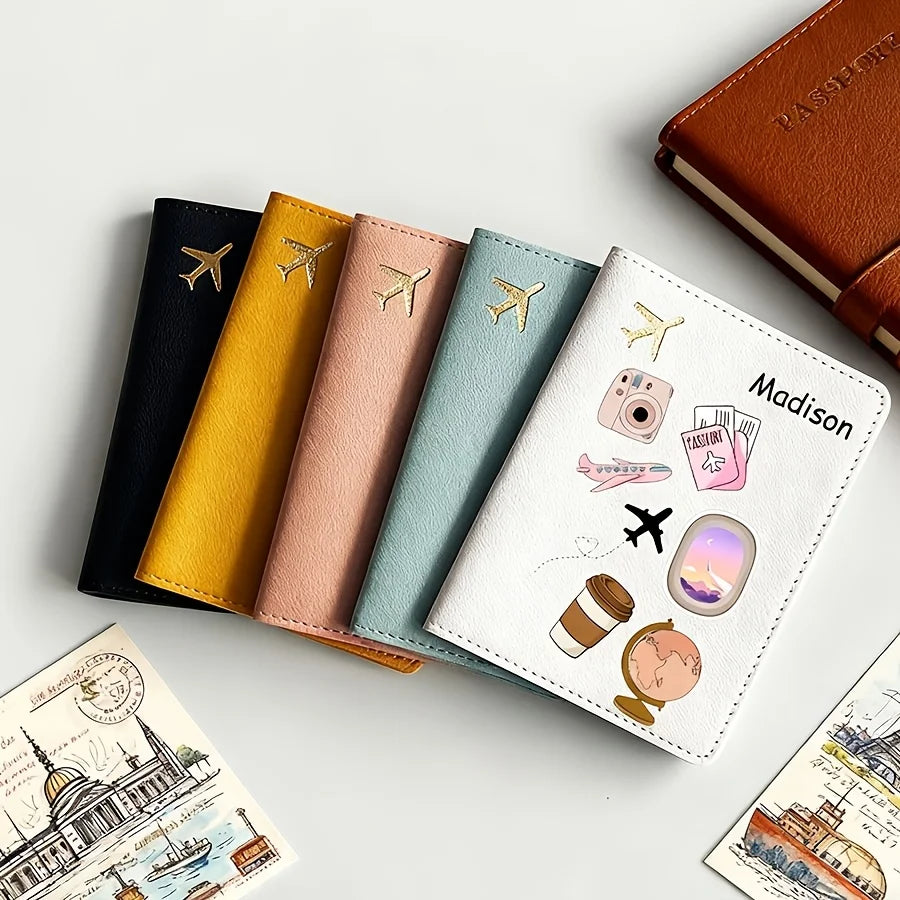 Personalized Name Text Custom PU Passport Holder, Cartoon Pattern Designed Passport Case, Faux Leather Scratch-Resistant