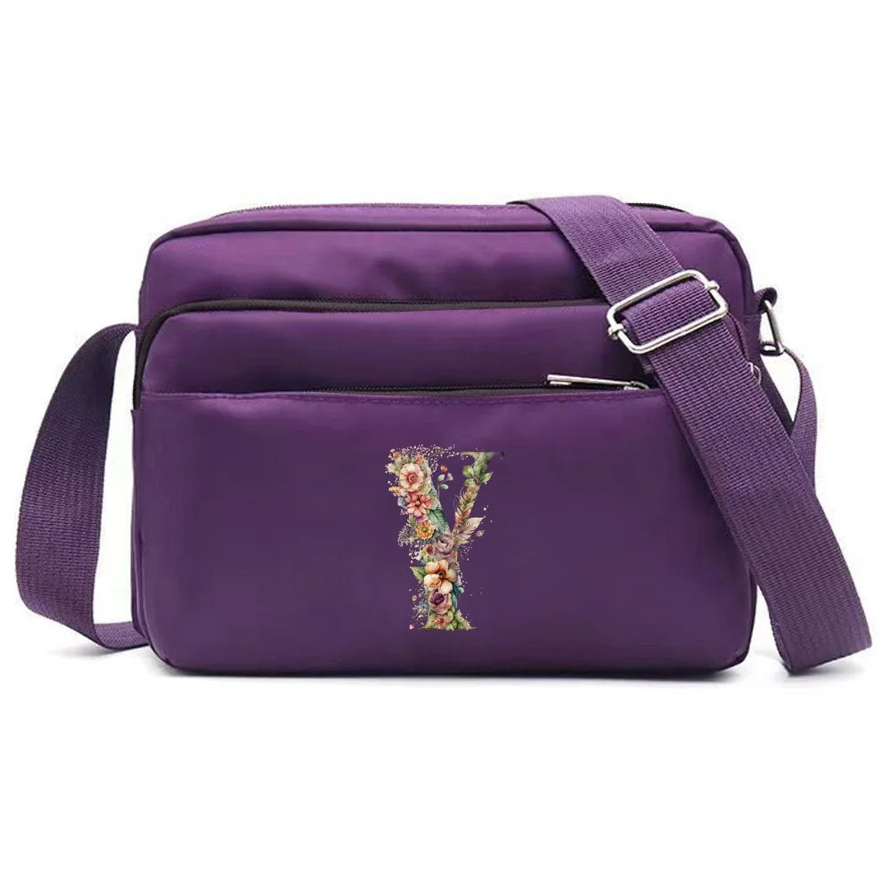 Leisure Purple One Shoulder Crossbody Bag Portable Commuting Large Capacity Floral Letter Series Printing Pattern Storage Bag