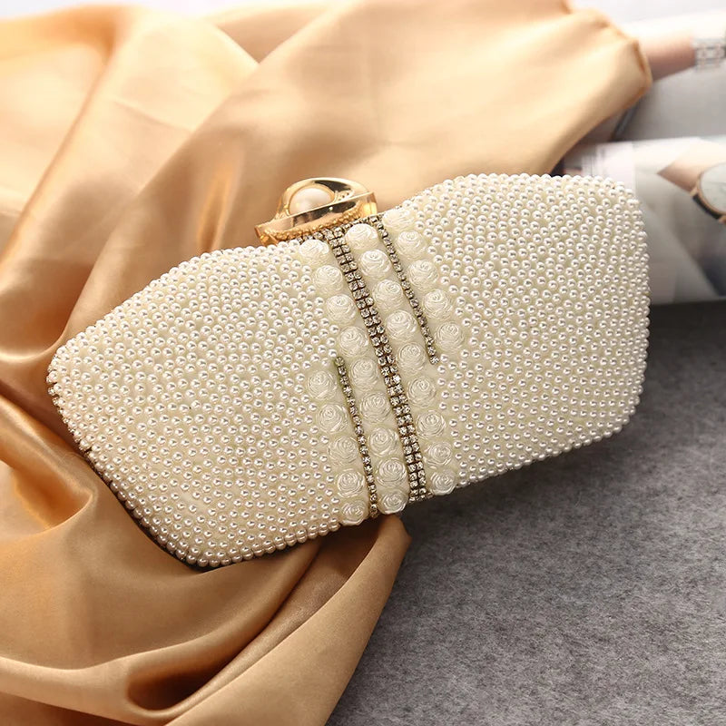 Crystal-clear rhinestone pearl clutch luxurious metal chain handbag fashionable wedding bride handbag and evening bag for wome