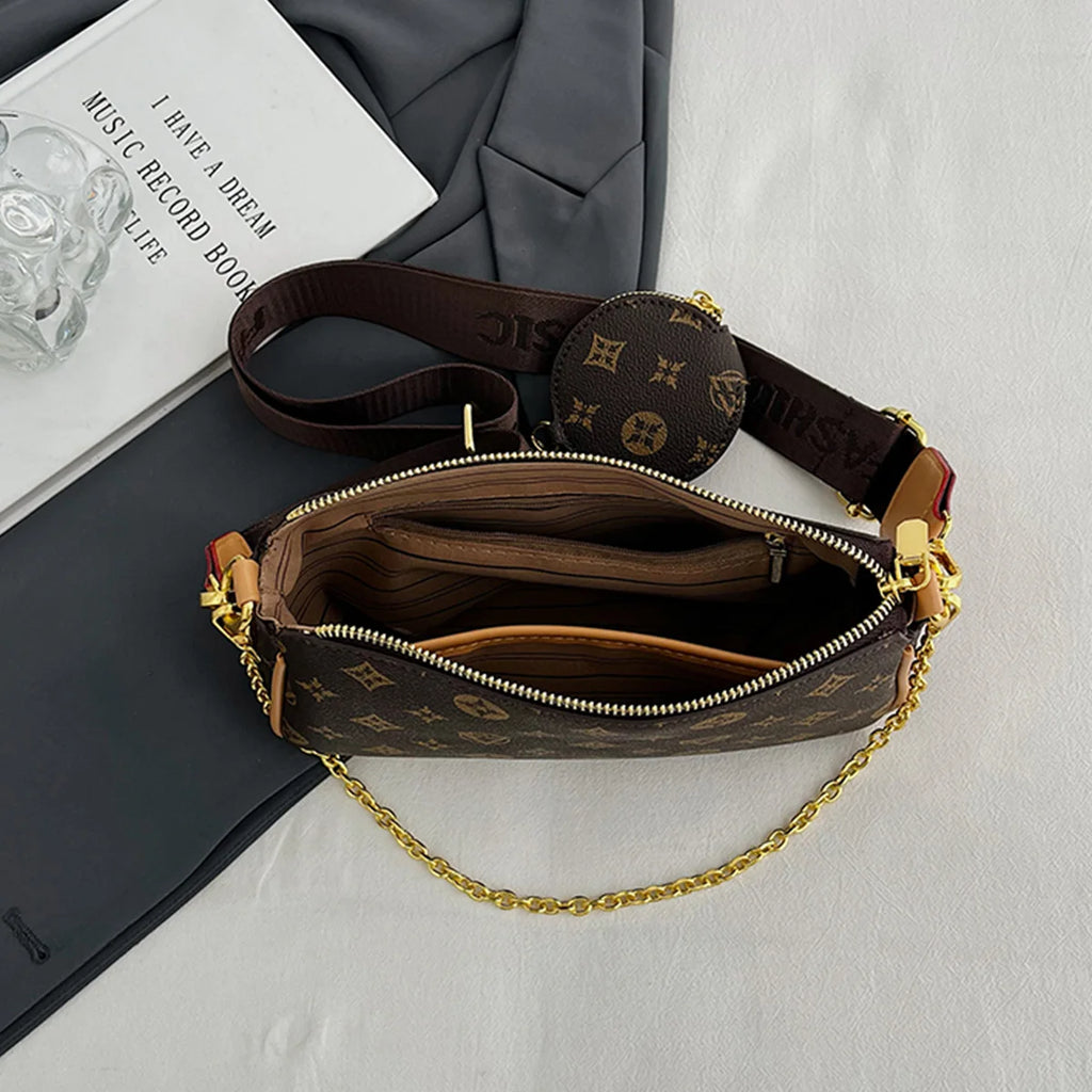 Women Fashion Floral Letter Print Shoulder Bag Chain Large Capacity Zipper Adjustable Strap Mini Pouch Attachment Daily Commute