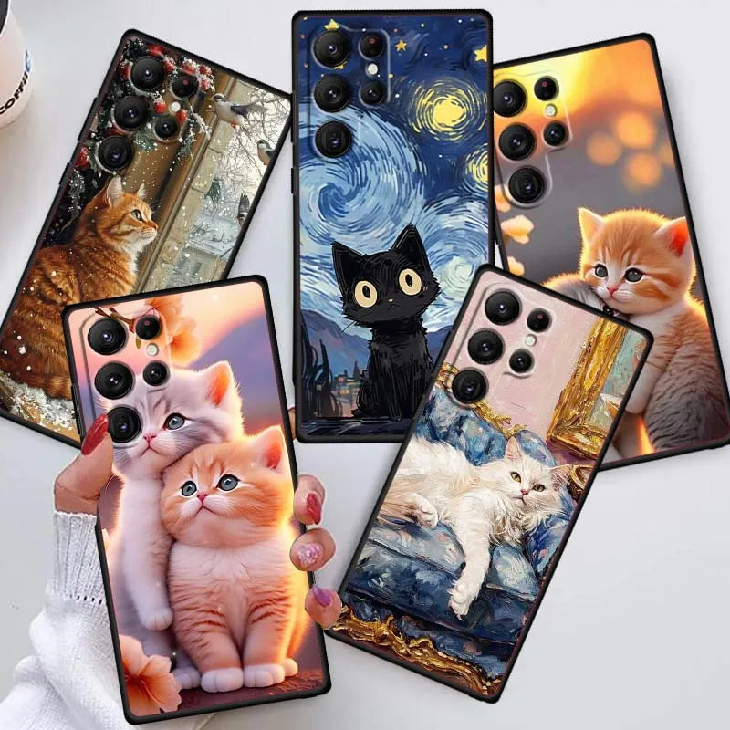 Cute cartoon cat illustration Phone Case For Samsung Galaxy S26 S25 S24 S23 S22 S21 S20 Ultra Plus FE 5G Black Soft TPU