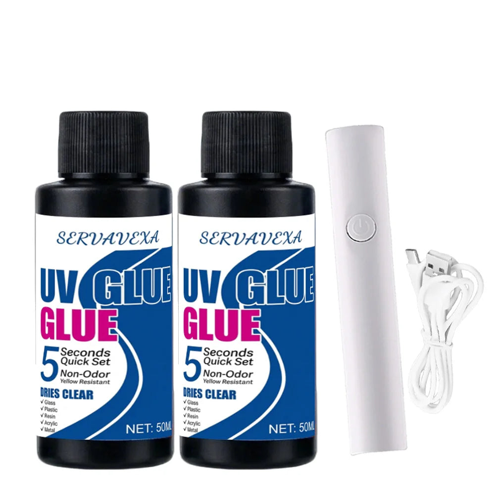 SERVAVEXA UV Glue 5s Quick Curing Resin Clear Hard Adhesive with UV Lamp Light for DIY Jewelry Making Craft Glass Metal Repair