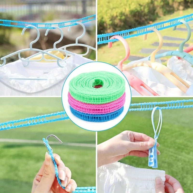 A sturdy and thick windproof clothesline, suitable for both indoor and outdoor use with no drilling required.