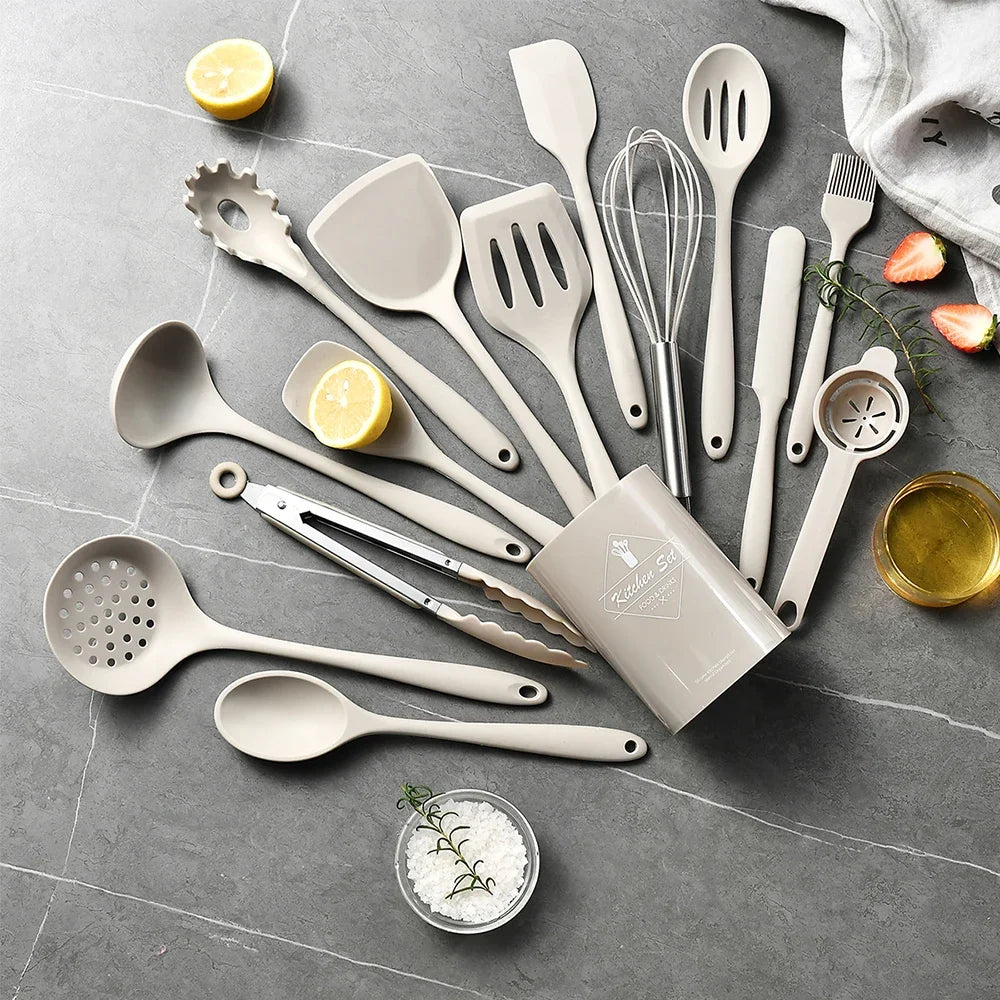 15Pcs Khaki Food Grade Silicone Kitchen Cookware Utensils Turner Spatula Soup Spoon Practical Cooking Tool Kitchenware Set