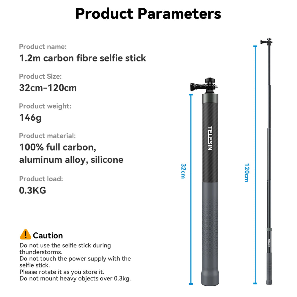 TELESIN 1.2M 3M Carbon Fiber Selfie Stick Monopod Extendable With 1/4 Screw For GoPro Insta360 Osmo Action DJI Action Camera