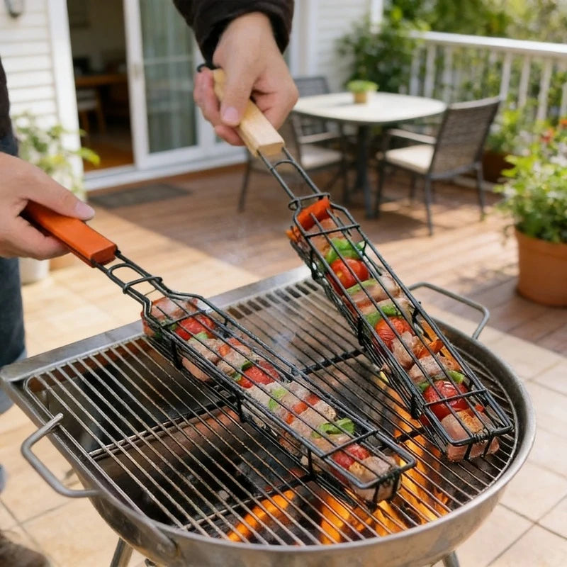 1pc Portable BBQ Grilling Basket Stainless Steel Nonstick  Mesh for Meat Vegetable Hamburger Barbecue Tool