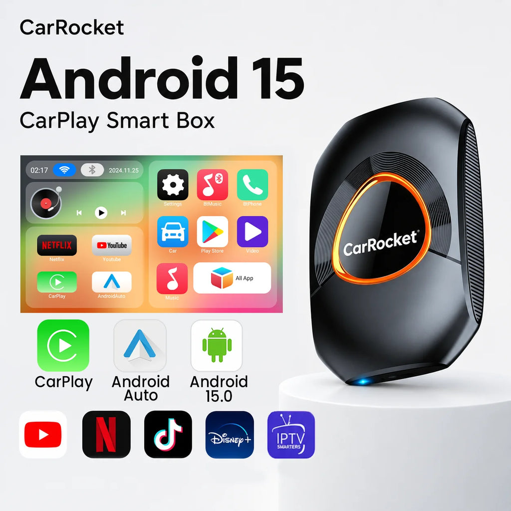 CarRocket CarPlay Ai Box Android 15 Wireless Android Auto USB Adapter Plug & Play For Youtube Netflix Toyota Mazda Hyundai Ford