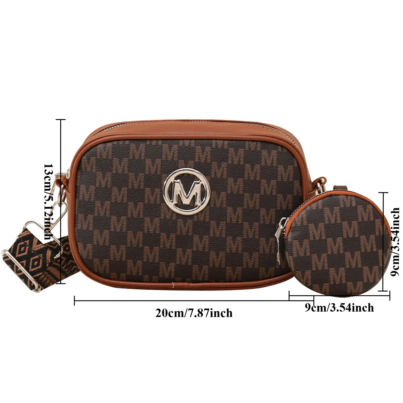 Vintage Letter-Printed Camera Bag for Women, Two-Piece Set, Stylish and Unique Shoulder Crossbody Bag with Wide Webbing Strap and Coin Purse
