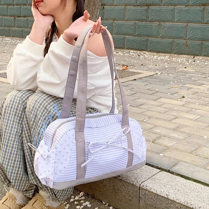 Women's Striped Star Print Shoulder Duffle Bag, Casual Handbag for Daily Outing Short Trip Gym