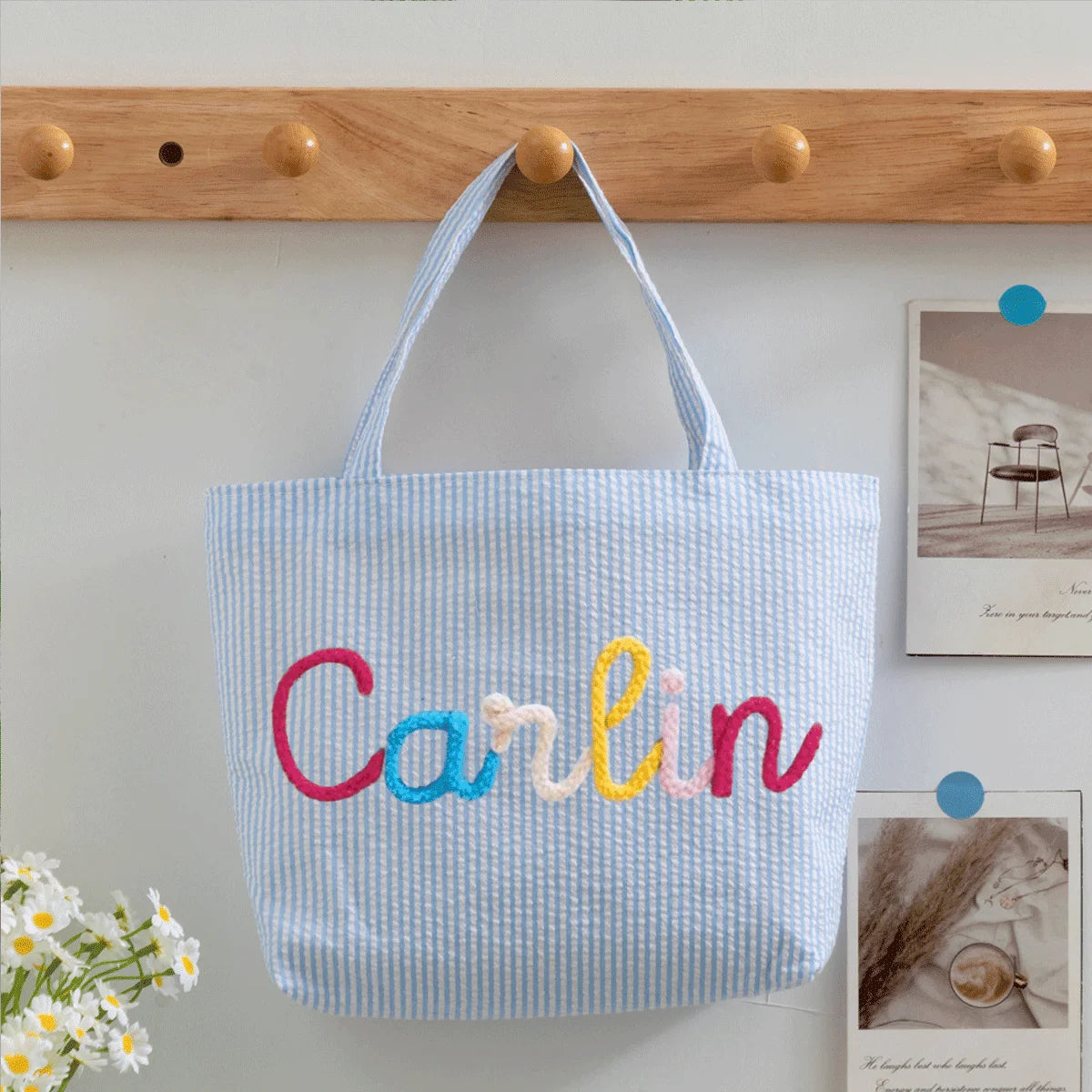 Custom Seersucker Cosmetic Handbag and Travel Organizer — Personalized Chenille Letter Toiletry Bag and Summer Beach Tote