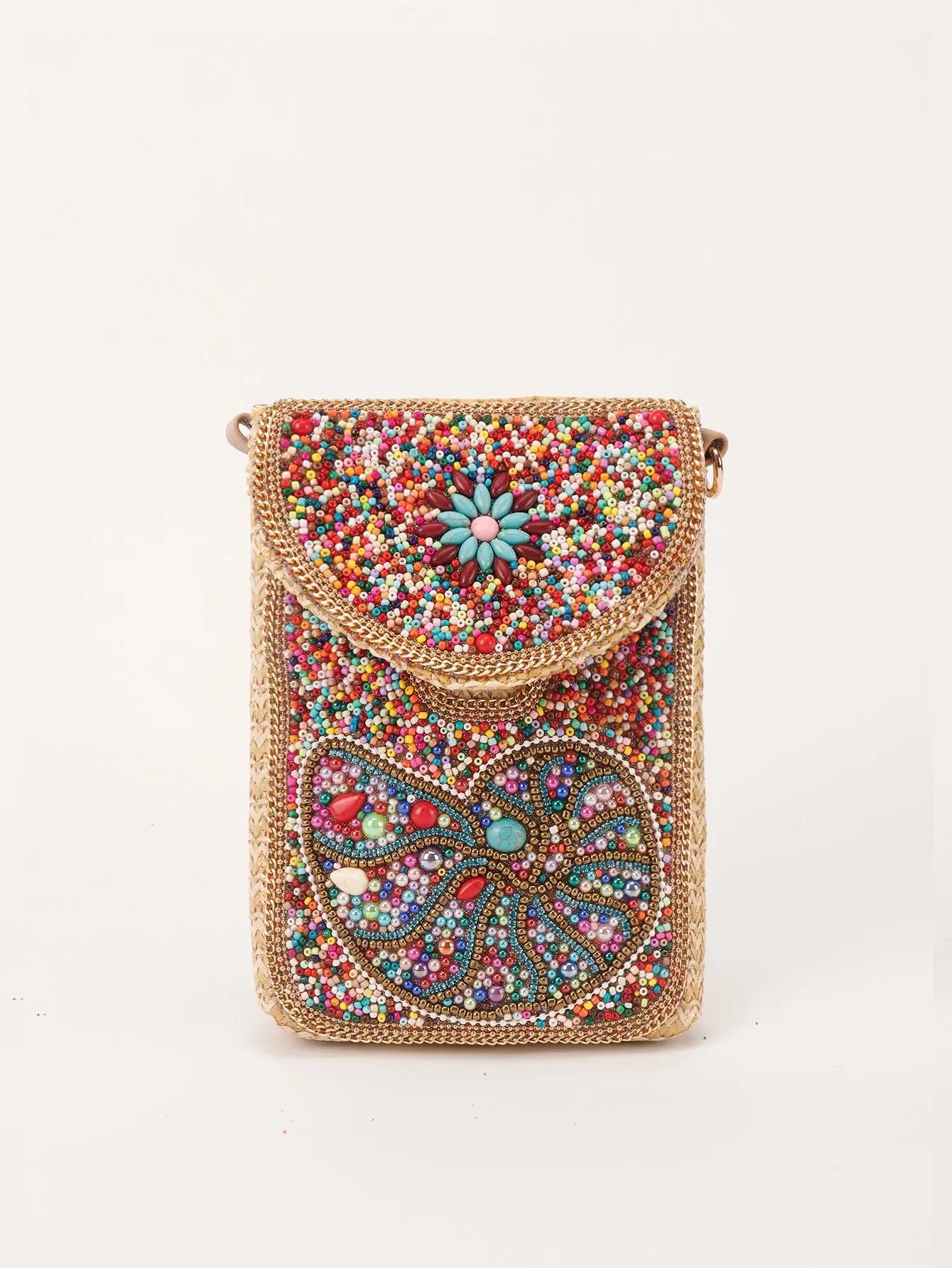 Advanced straw woven crossbody bag, new fashionable rice bead bag, European and American woven women's shoulder phone bag