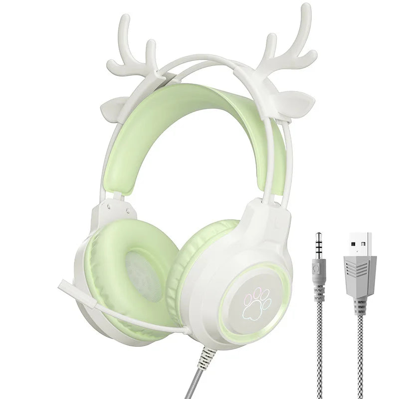RGB Gaming Earphones with High-Definition Flexible Microphone 3.5mm Gaming Earphones Detachable Cat Ears and Deer Antlers