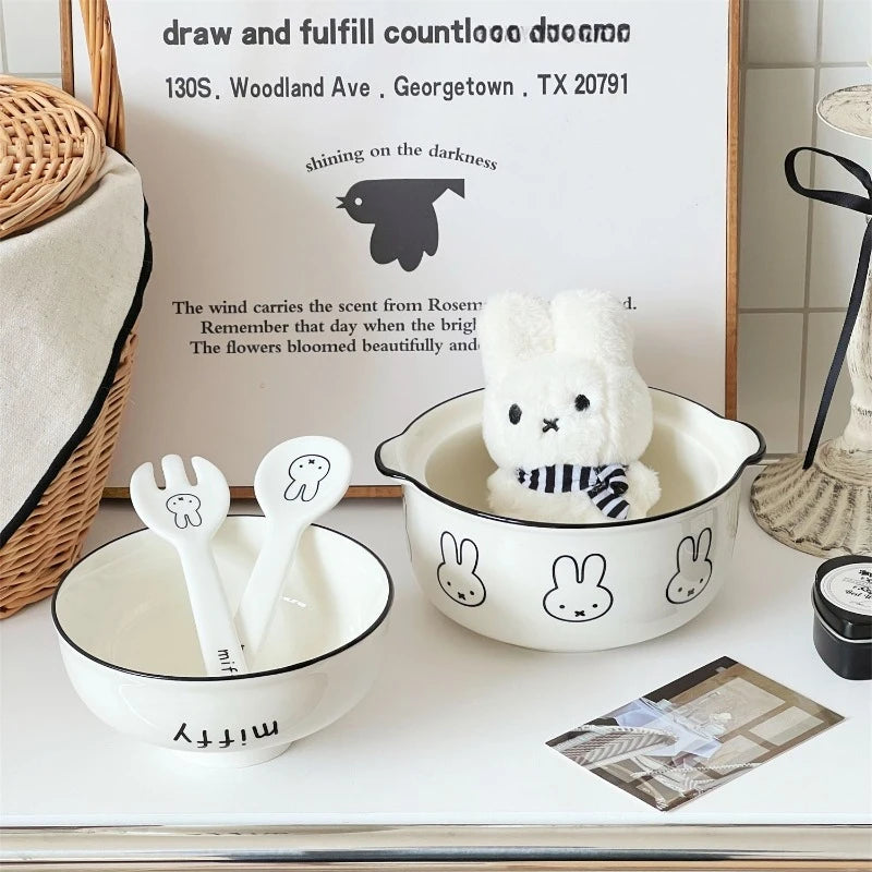 Kawaii Tableware Ceramic Rice Bowl with Lid Easy To Clean Household Use Instant Noodle Bowl Microwaveable Spoon Heating Miffy