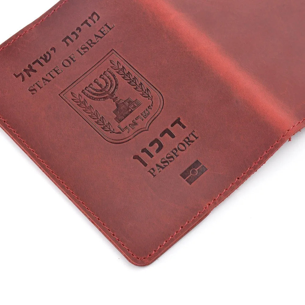 AIGUONIU Genuine Leather Israeli Passport Cover for Israel Credit Card Holder Hebrew Passport Case Unisex Travel Wallet