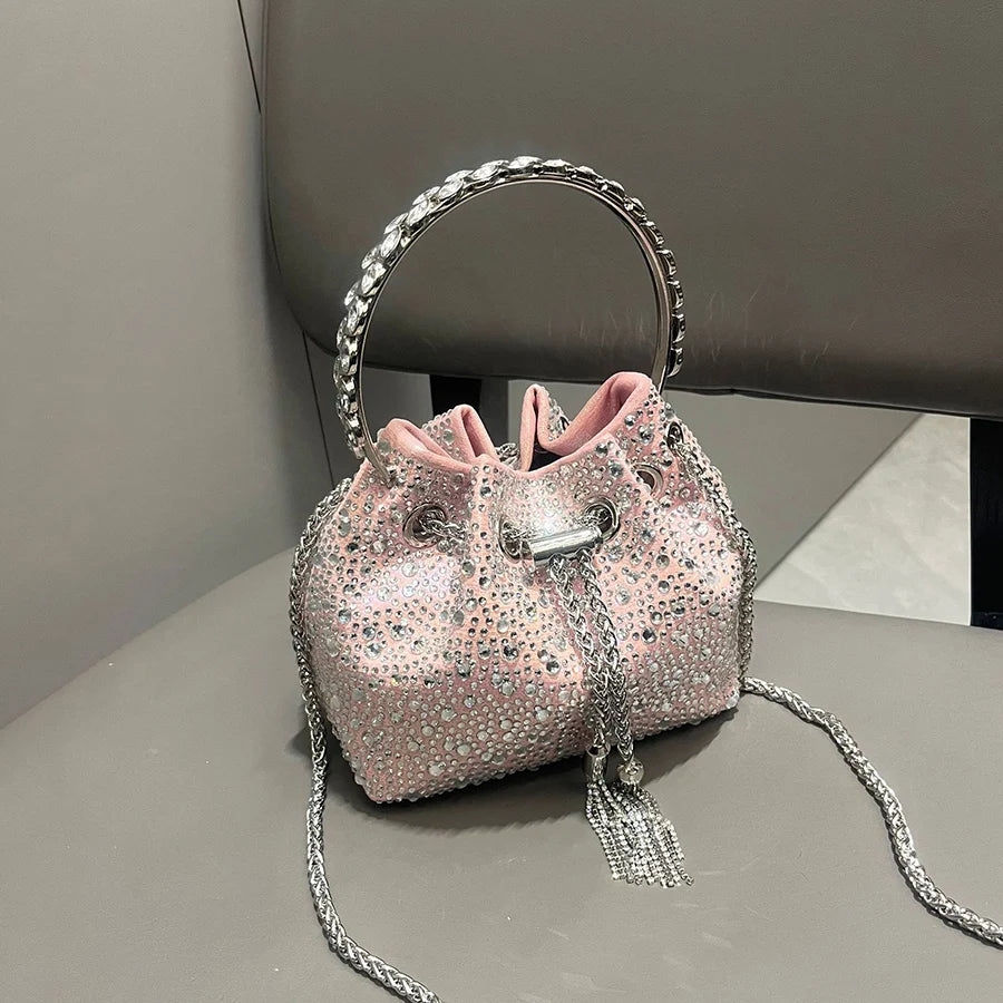New Tassel Women's Shoulder Bags Metal Ring Diamond Bucket Bag Shiny Drawstring Handbag Tote Chain Crossbody Bags Evening Clutch