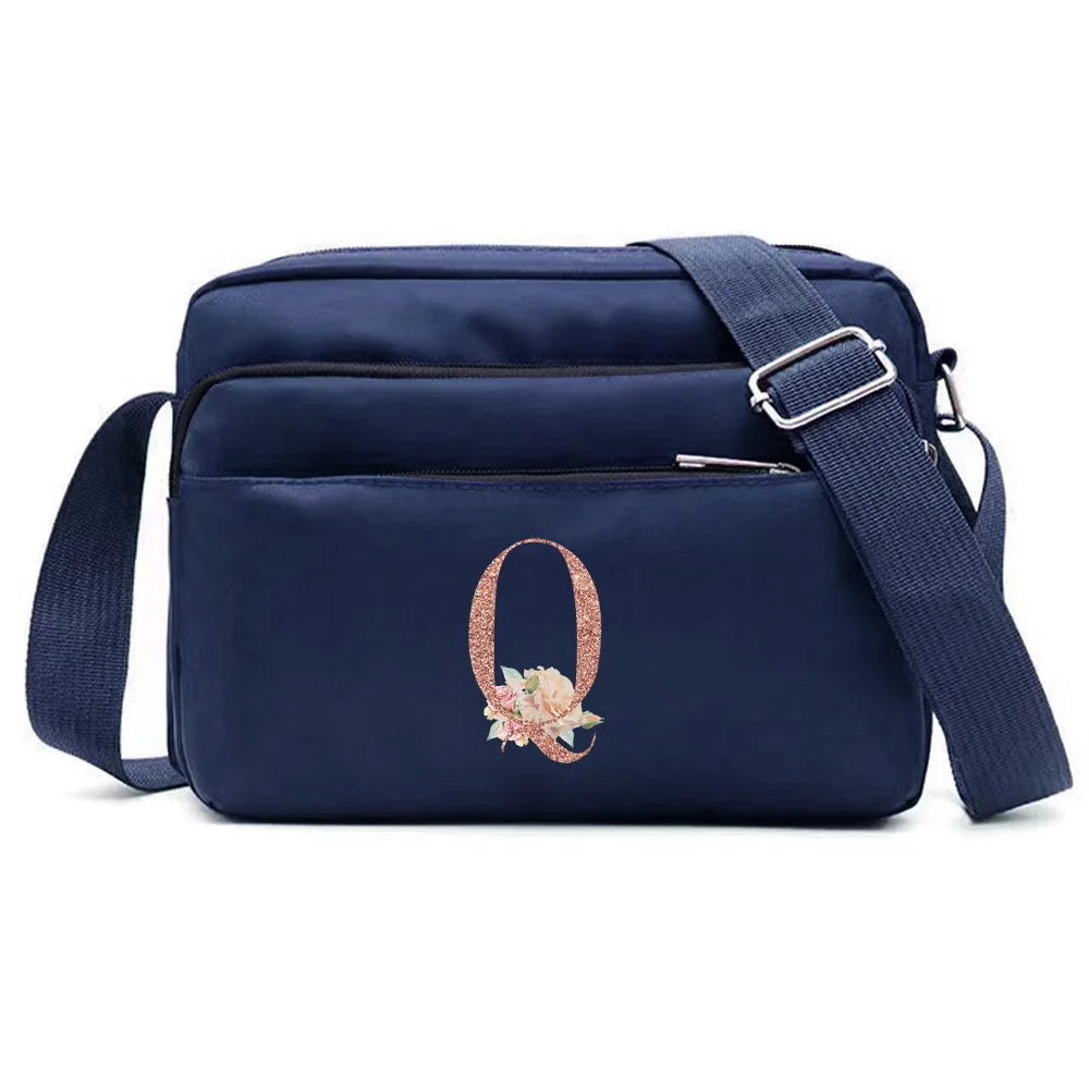 Large Capacity Travel and Commuting Storage Blue Bag Rose Gold Series Print Pattern Multi-layer One Shoulder Crossbody Bag