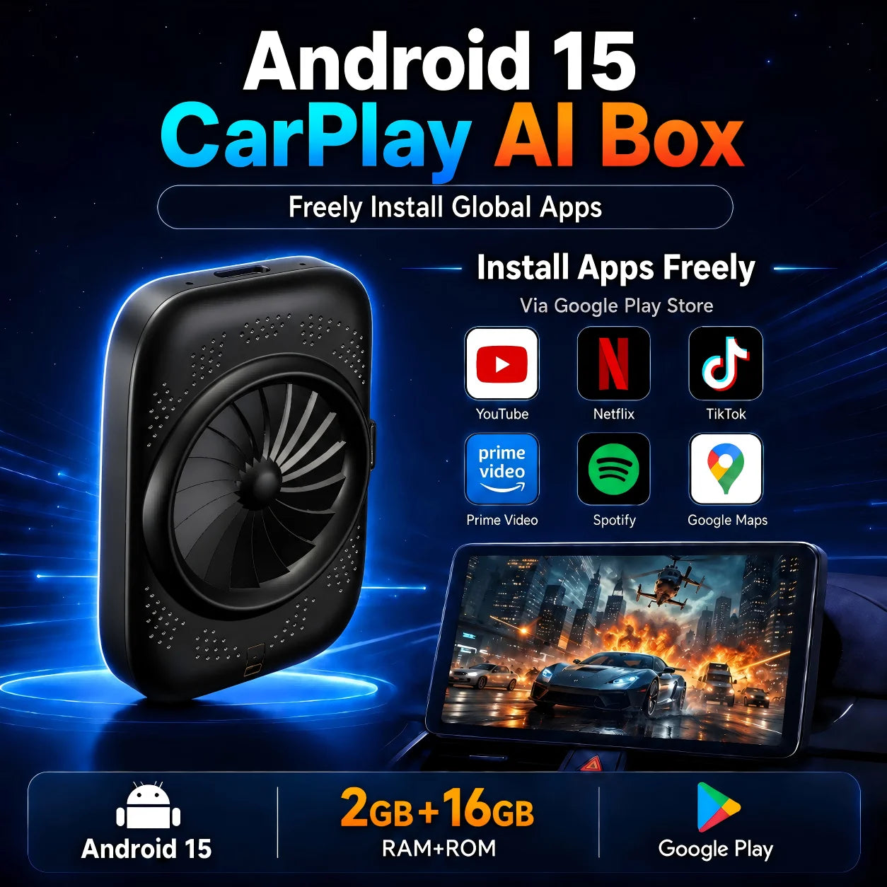 2026 New CarPlay Smart AI Box, Android System Wireless CarPlay Android Auto Adapte Support Netflix YouTube Streaming Video Apps