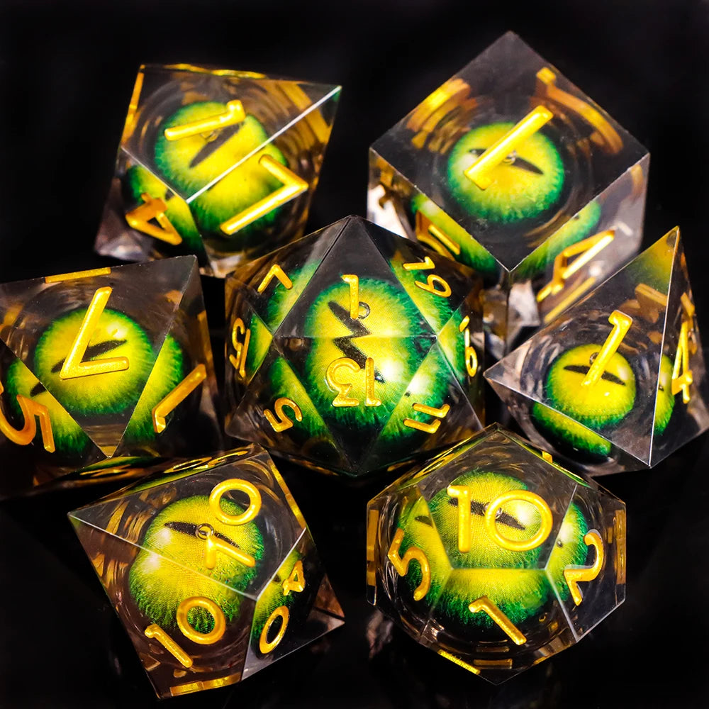 Dragon Eye Dice Set with Full Liquid Core & Sharp Edge | for D&D, Pathfinder RPG | Metallic Resin Dungeon Master Dice | for Gift