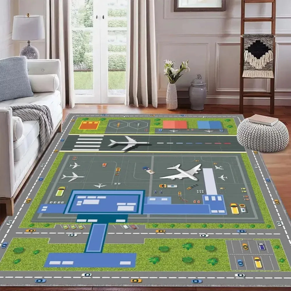 Airport Runway Carpet Mat Rug Aeroplane Theme Home Decoration Non-slip Educational Kids Activity Play Mat with Terminal Design