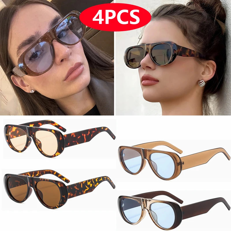 Hiking Camping 4pcs Sets Fashion Women Large Frame Anti Light Glasses UV400 Oval Female Advanced Minimalist Style Glasses