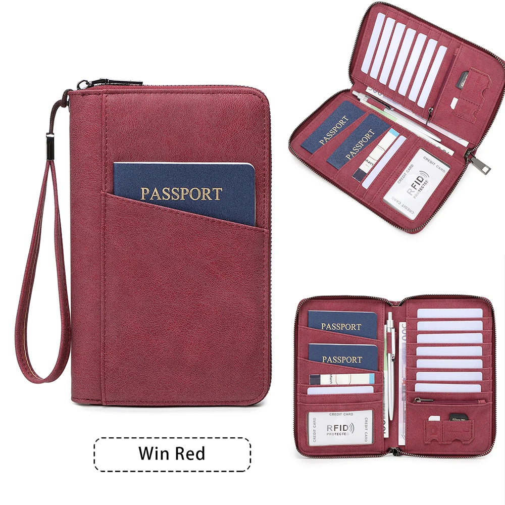 Multi-Functional RFID Blocking Passport Bag Travel Document Holder with Long Zipper Ticket Storage Wallet for Multiple Passports
