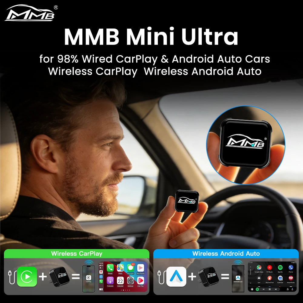 MMB Mini Ultra Wired to Wireless CarPlay Adapter Android Auto Dongle 2in1 Plug&Play for VW Haval Audi Kia Porsche Lexus 98% Cars