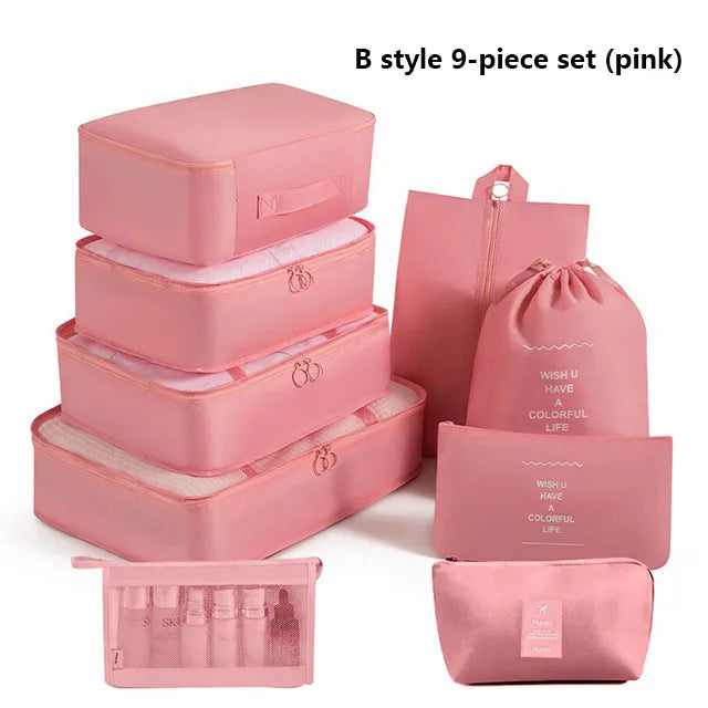 9Pcs Travel Packing Cubes Set Waterproof Luggage Organizer with Drawstring Pouches for Clothes Shoes Cosmetics Underwear - Suitc